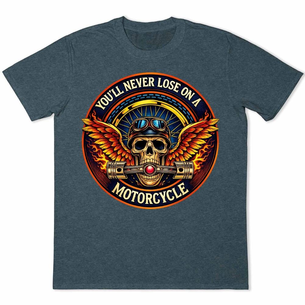 Winged Skull Motorcycle T-Shirt Biker Helmet Pistons Flames Gothic Graphic Tee