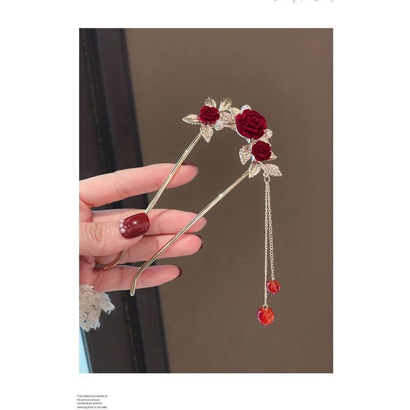 New Chinese Style Rose U Shape Hairpin Women Hanfu Cheongsam Tassel Ancient Style Hair Accessories