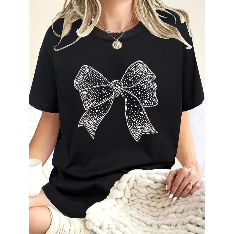 

European Size European Size Women S Casual Short Sleeve T-Shirt with Bow Print - Soft Round Neck, Lightweight & Breathable 4XL чорний