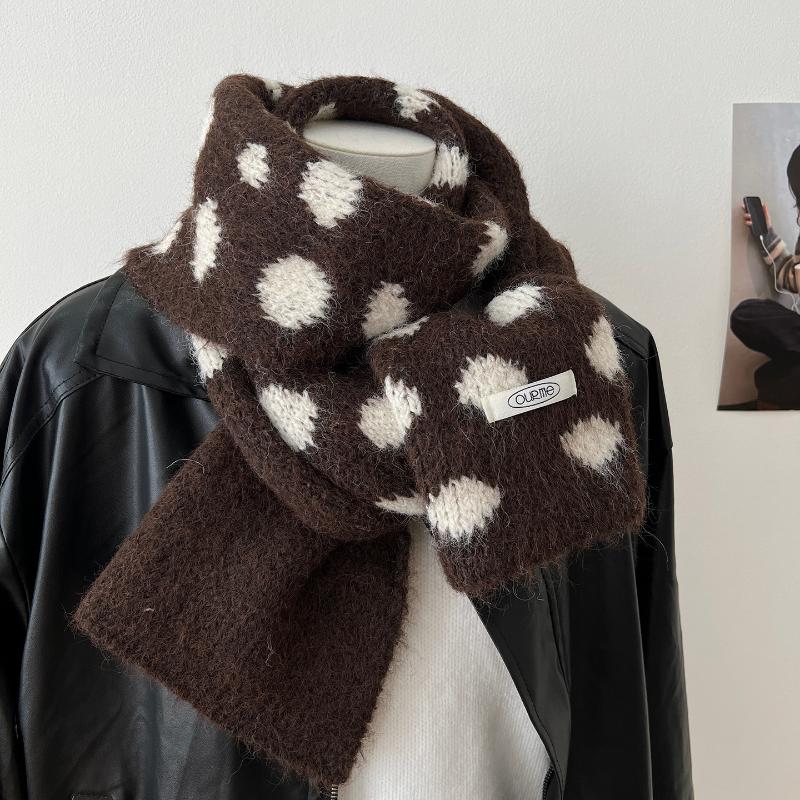 Korean Style Polka Dot Plush Knitted Scarf Soft Thick Color-Block Scarf Thermal Windproof Neck Warmer Scarves