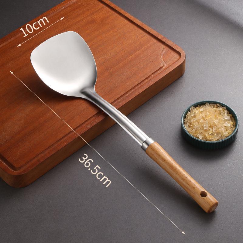 Stainless Steel Cookware Set: Spatula, Soup Ladle, Slotted Spoon with Orange-Brown Wood Handle.