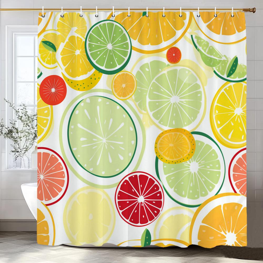 Lemon, Strawberry, Peach Tropical Fruit Shower Curtain, Bathroom Decorative Shower Curtain, Print Polyester Curtain With Hooks