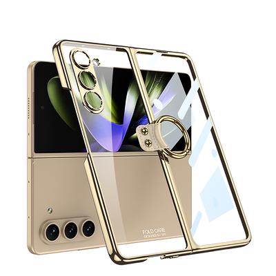For Samsung Galaxy Z Fold 5 Case Ultra Thin Electroplated Transparent Ring Bracket With Tempered Film Shockproof Hard Back Cover