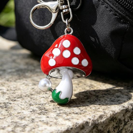 Zinc Alloy Keychain Pendant, Dripping Process Key Ring with Imitation Pearl Cartoon Mushroom Shape, Multiple Colors Bag Charm