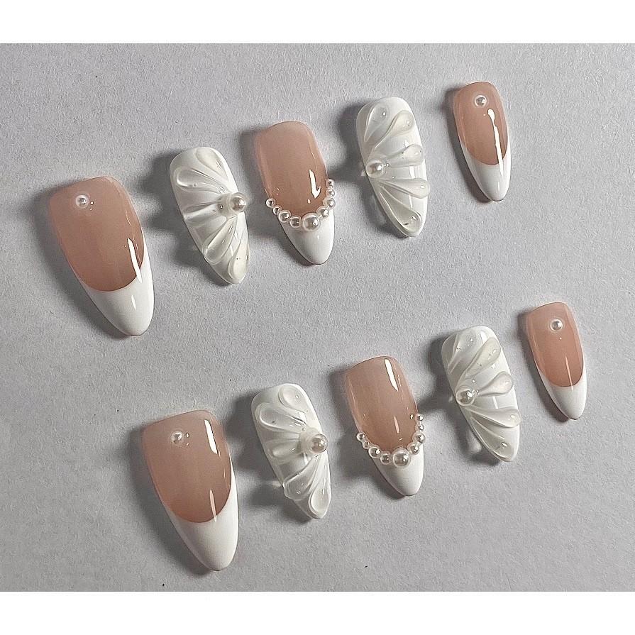 Unghie artificială Aripi transparente de migdale franceze Unghii pentru fototerapie Unghii false Set cu lipici Presă reutilizabil pe unghii