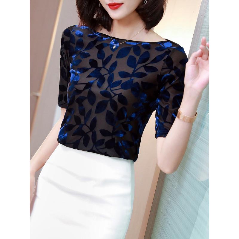 

Базовая рубашка с V-образным вырезом для женщин Весенне-осенняя модная черная с внутренним начесом сетчатая с рукавом до локтя женская блузка темпераментная маленькая рубашка 3XL синий