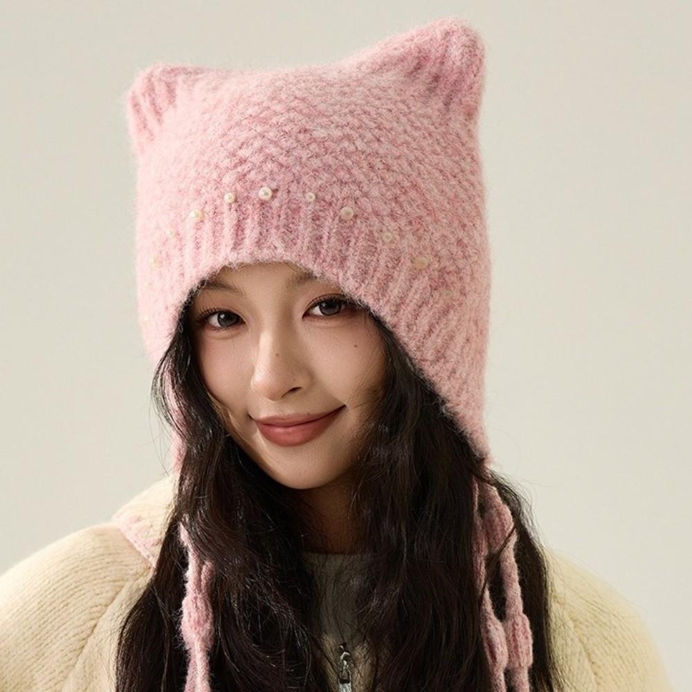 Windproof Cat Ear Beanie Pearl Tassel Ear Protection Hat Y2K Aesthetic Knit Earflap Hat for Women