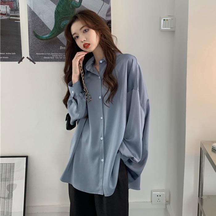 Frühlings- und Herbst-Damen Übergröße Locker Mittellang Dunstblau Lässiger Lazy-Wind Langarmhemd M dunkelblaue