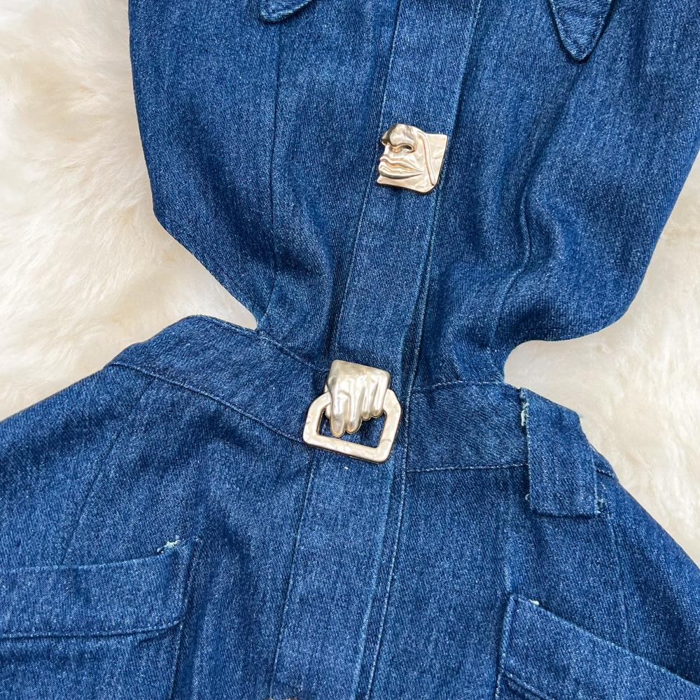 Women's Retro Lapel Hollowed Out Sleeveless Single-breasted A Word Open Cowboy Dress Casual Long Dress