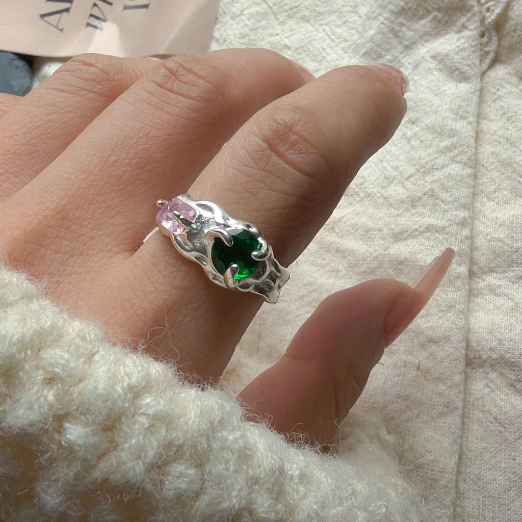 925 Sterling Silver Rings for Women Couple Minimalist Handmade Simple Pink Green Stone Ring Fine Jewelry Gift Prevent Allergy