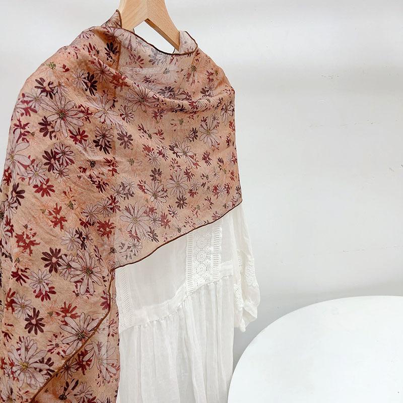 New Style Summer Lengthened Diamond Scarf Flower Printed Silk Sunscreen Scarf Irregular Shape Neck Shawl for Women