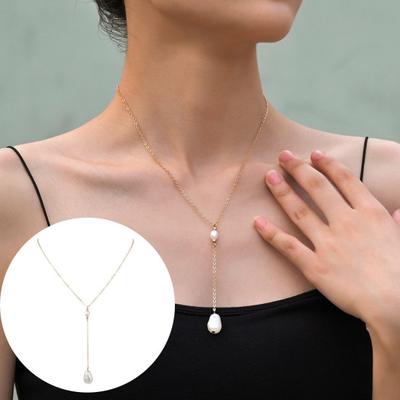 Elegant Minimalist Adjustable Long Lustrous Faux Pearl Chain Pendant Necklace Jewelry