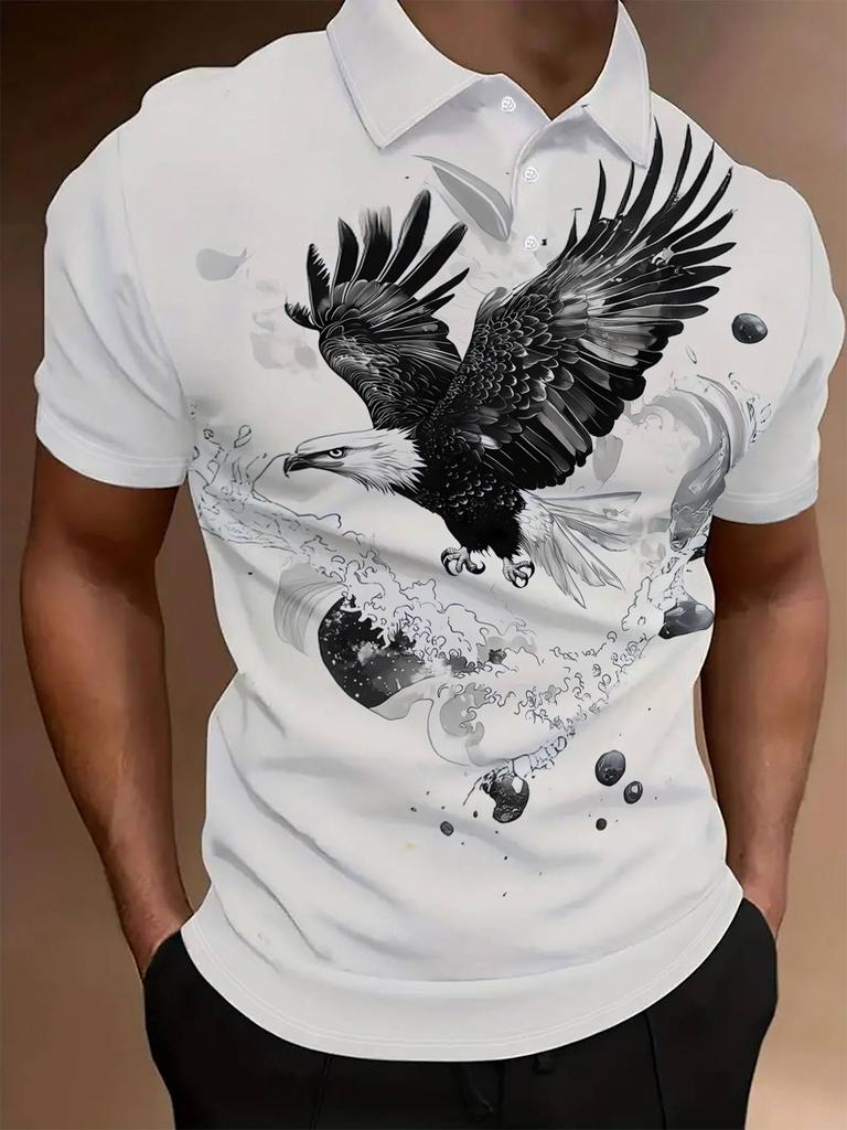 Print Design - Non-Textured Men'S Short Sleeve Polo - Flat Digital Print Pattern - No Texture - Flying Eagle Ink Painting, Fashionable And Easy Short