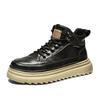 High-top New Autumn and Winter Leather Sports Casual Board Shoes, Youth Thick-soled Wear-resistant Black Shoes