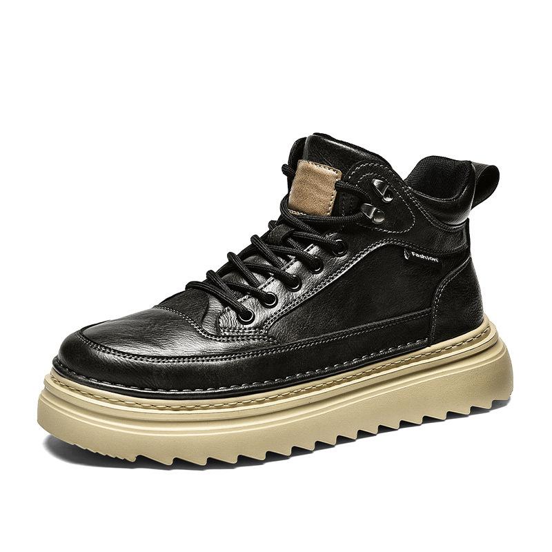 High-top New Autumn and Winter Leather Sports Casual Board Shoes, Youth Thick-soled Wear-resistant Black Shoes