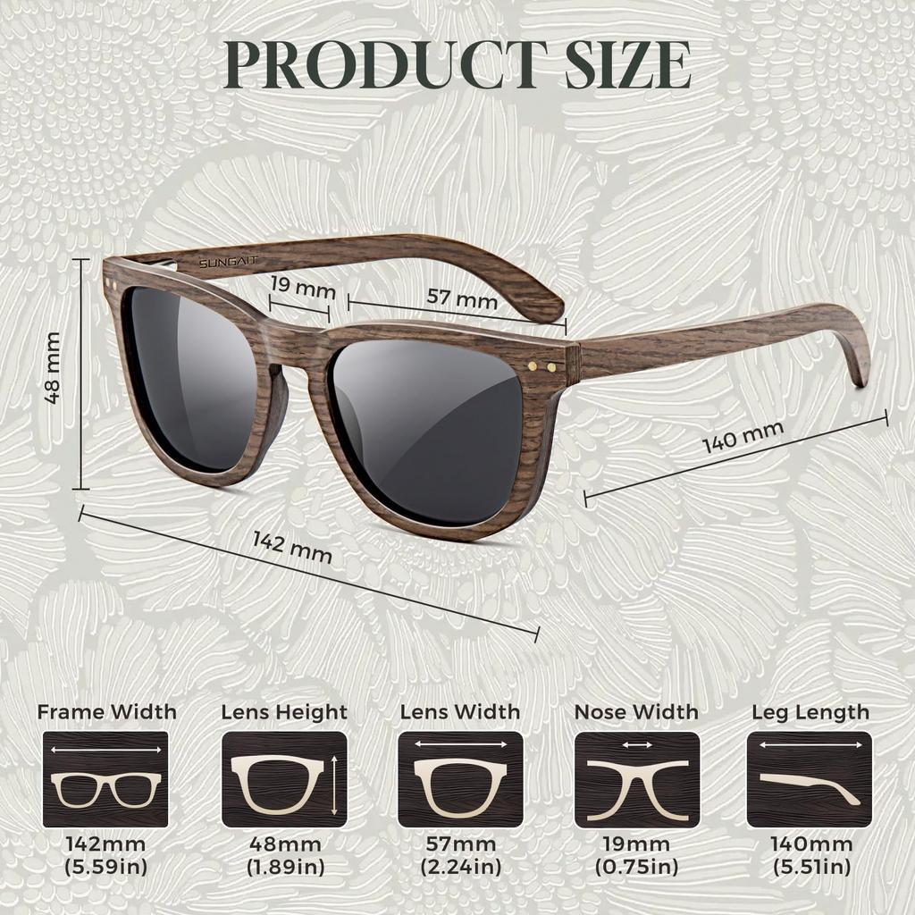 [SUNGAIT] Wooden Sunglasses for Men and Women, Square Polarized, All-Wood Sunglasses, Retro, Lightweight, with Case (Walnut FrameGray Lens)