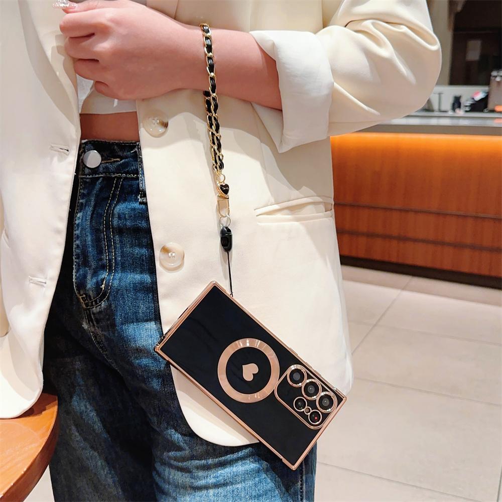 For Magsafe Love Heart Wrist Chain Case for Samsung Galaxy S25 S24 Ultra S22 Plus S23 S21 S20 FE Magnetic Bracelet Plating Cover