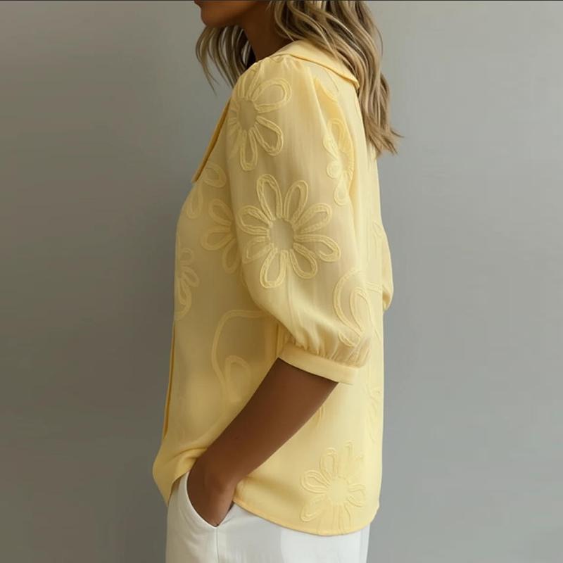 Elegante Hemden mit Blumenmuster für Damen Umlegekragen Halbarm-Blusen Damen Sommerhemden Büro-Damen-Tops