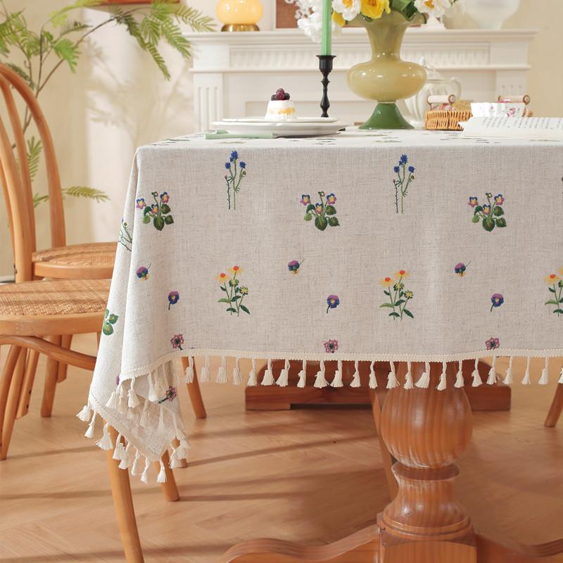 American Linen Natural Color Embroidery Embroidery Fringed Flower Coffee Table Tablecloth Dining Table Cloth Ins Decoration
