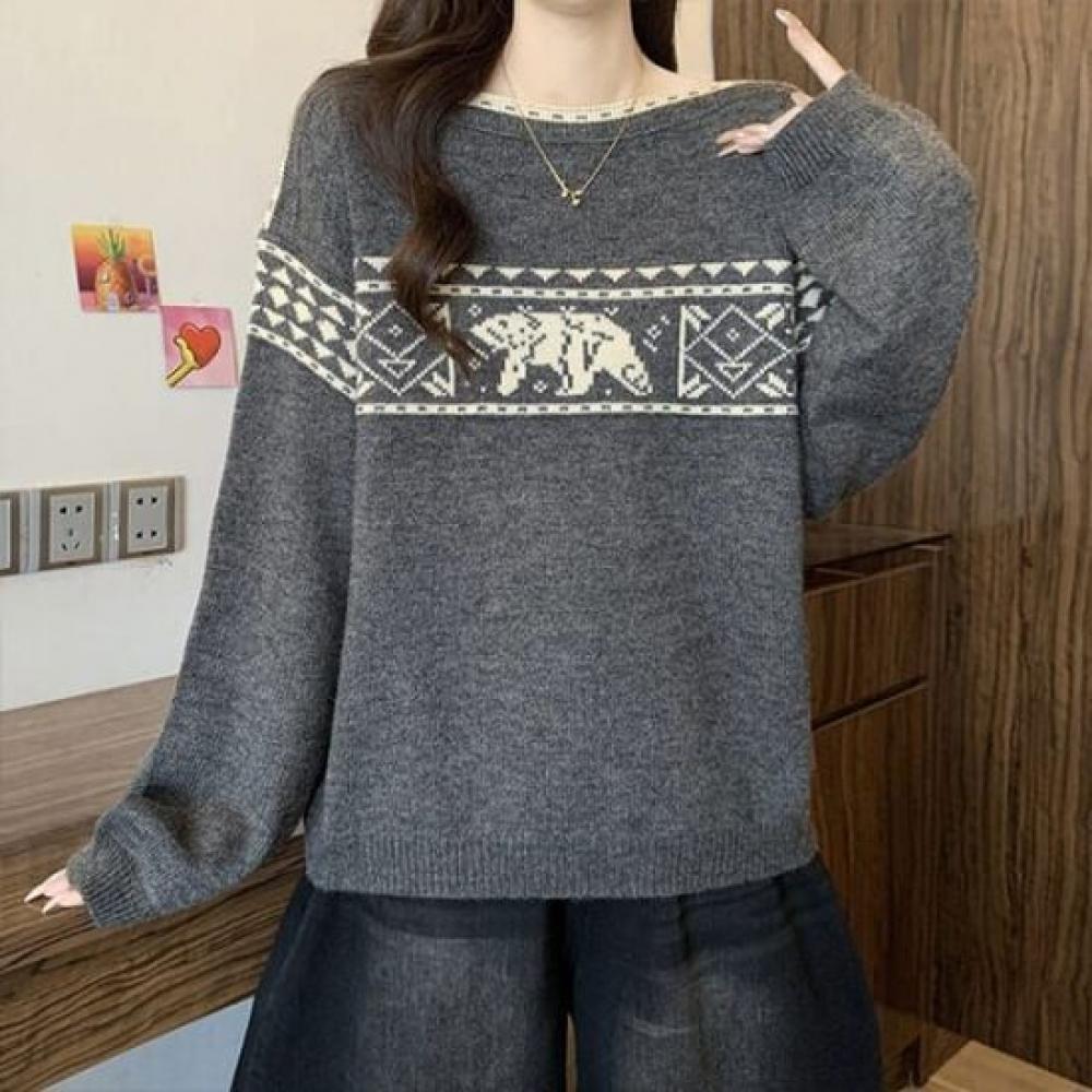 Navava Cozy Nordic Pattern Bear Jacquard Long Sleeve Knit Nk3208