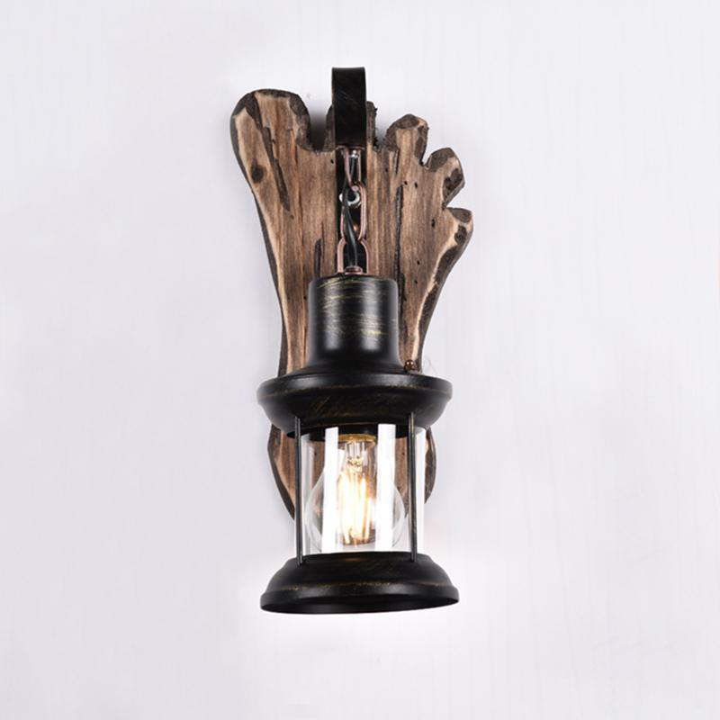 Vintage Amerikanischer Stil Wandlampe Holz Eisen Glas Schwarz Bed and Breakfast Hot Pot Restaurant Nostalgie Industrieller Stil Café E27