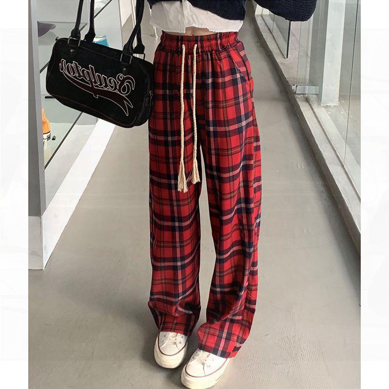 

Girls High-Waisted Red Plaid Wide-Leg Pants – Loose, Versatile, Slimming, Sportswear 2XL recommended for 141-155 lbs