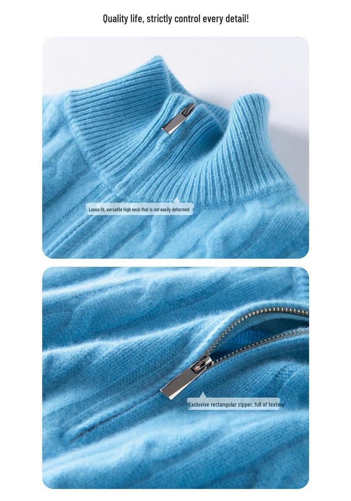 Women's Half-Zip Cashmere Sweater - Autumn/Winter Cable Knit, Gentle Style, Half-High Neck Base Layer.