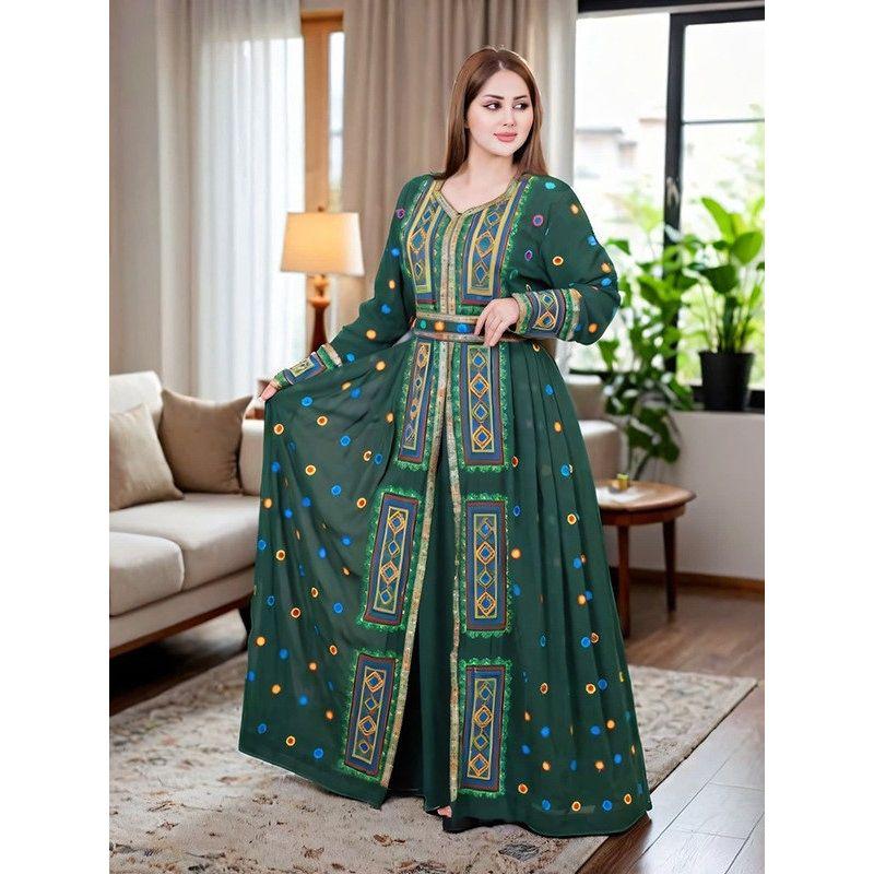 Cross-Border European and American Middle East Print Sequins Women Clothes New Fashion Dubai Robe Chiffon Travel Dress Dress