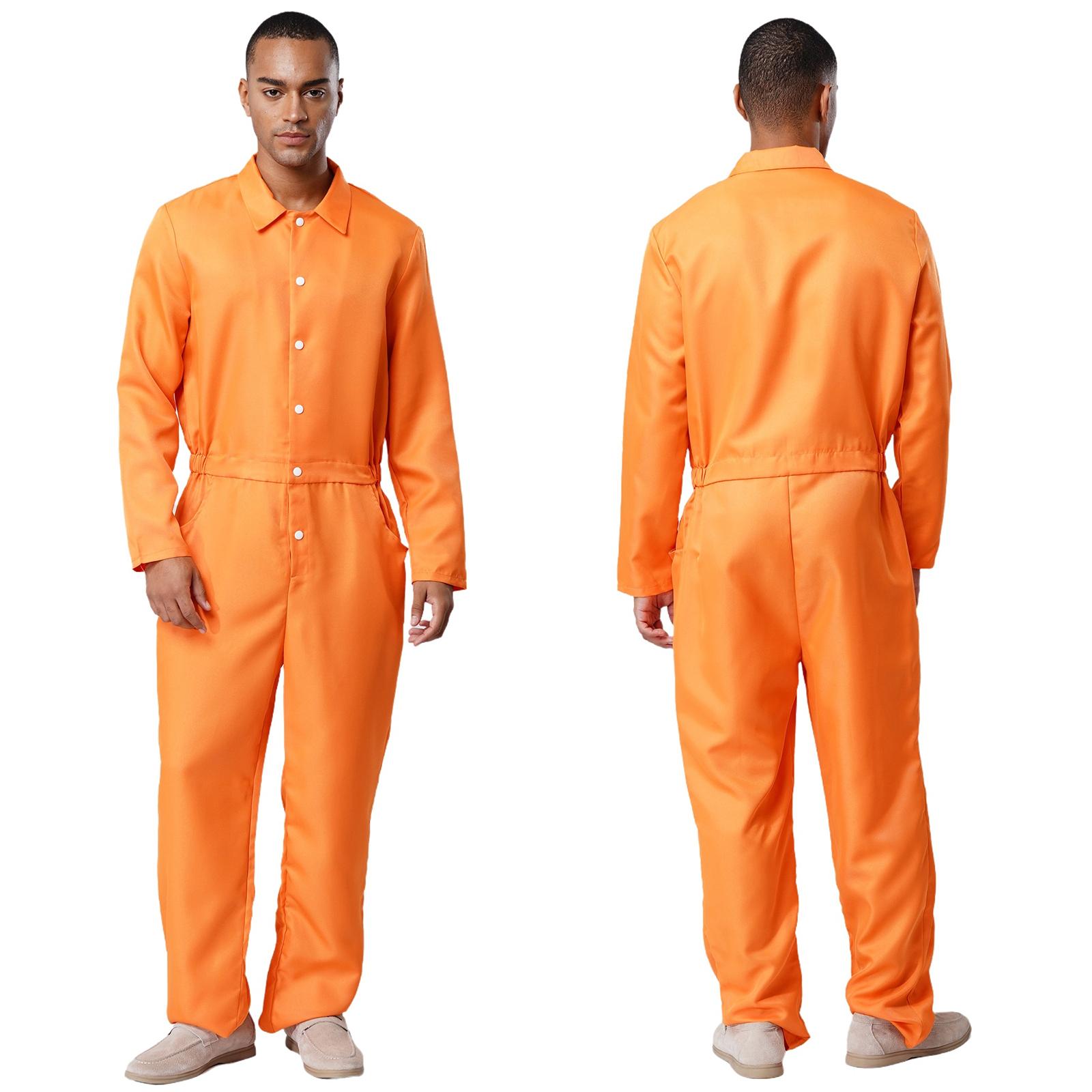 Men Women Halloween Prisoner Cosplay Costume Long Sleeve Button-down Inmate Jumpsuit Uniform Jailbird Convict Criminal Uniform S