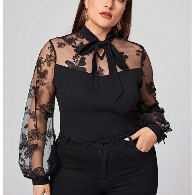 

Весенне-осенние женские топы с длинными рукавами, однотонная сетчатая блузка с завязками больших размеров 4XL чёрный