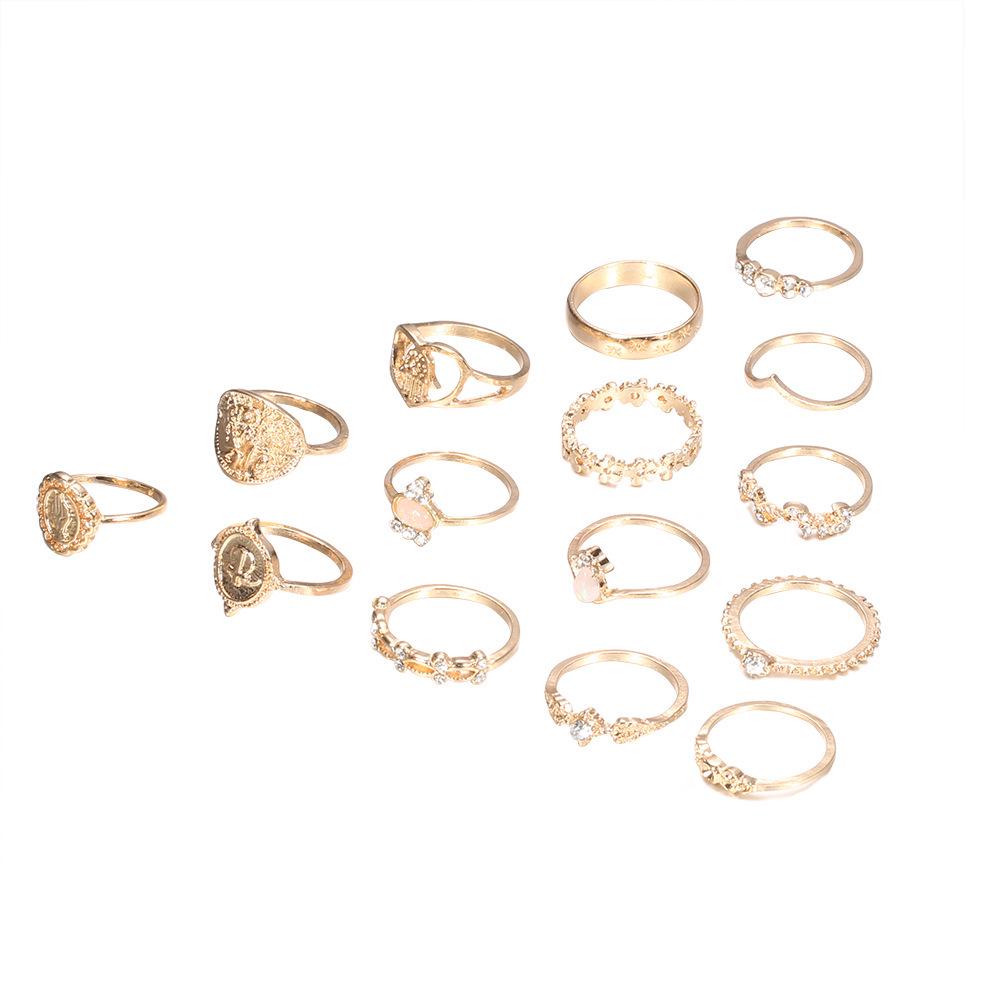 15-Piece Retro Gold Coin & Cross Pattern Ring Set with Love and Fatima Palm Designs