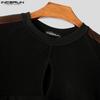 INCERUN Men Long Puff Sleeve Mesh Sheer Patchwork Crop Tops T-Shirts