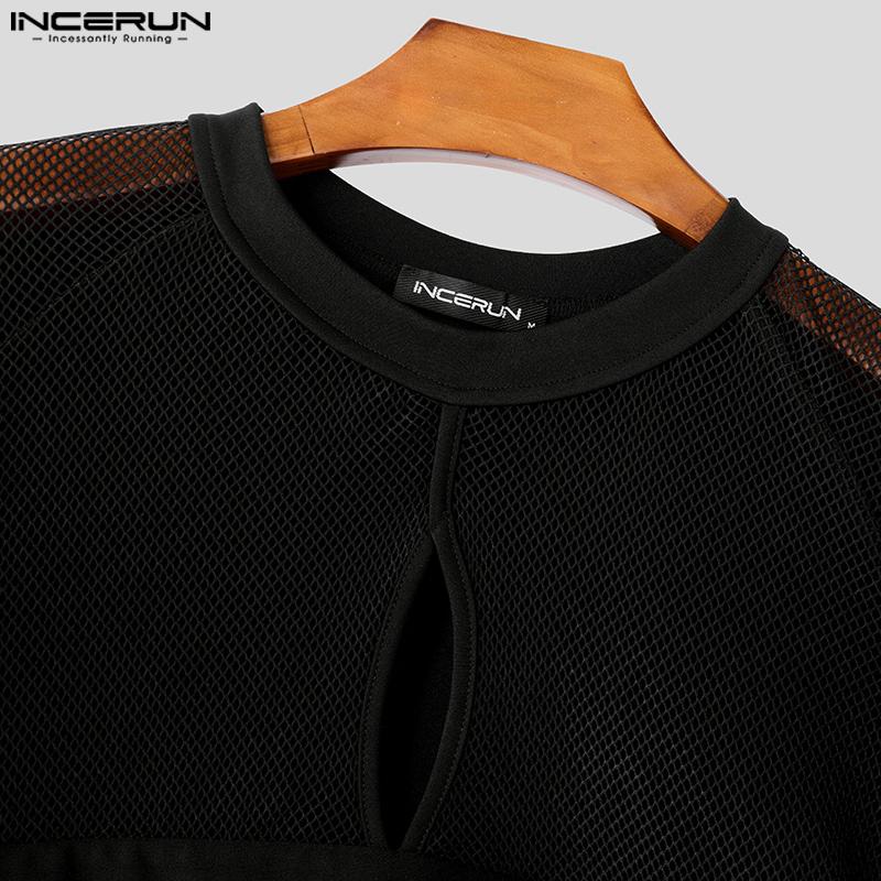 INCERUN Men Long Puff Sleeve Mesh Sheer Patchwork Crop Tops T-Shirts