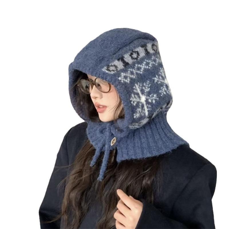 Balaclava hat women's winter thermal hat scarf integrated ear protection wool knitted hat