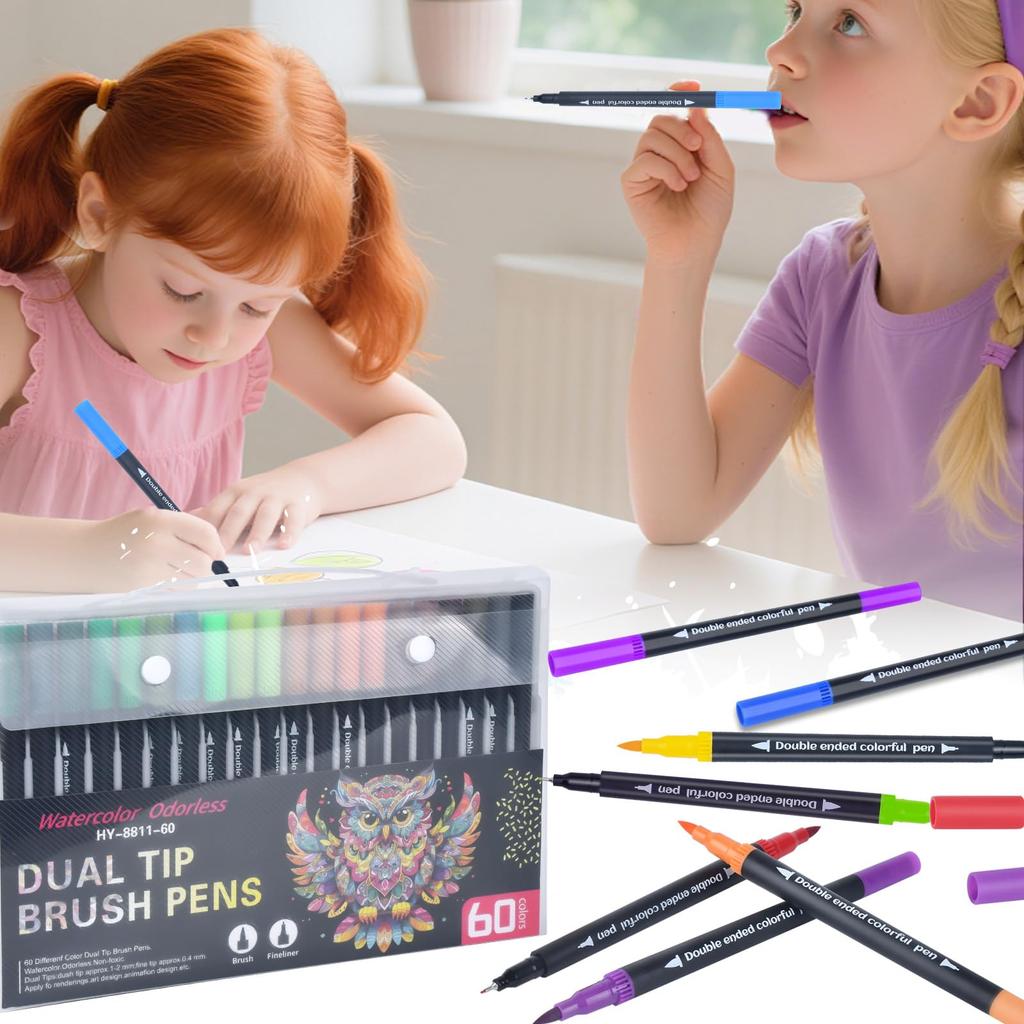 Color Pen Set with Water Double Brush Suitable for Adults and Art Painting 12-Color Brush, Head, Pen, Color, Kids, Illustration, Doodle,