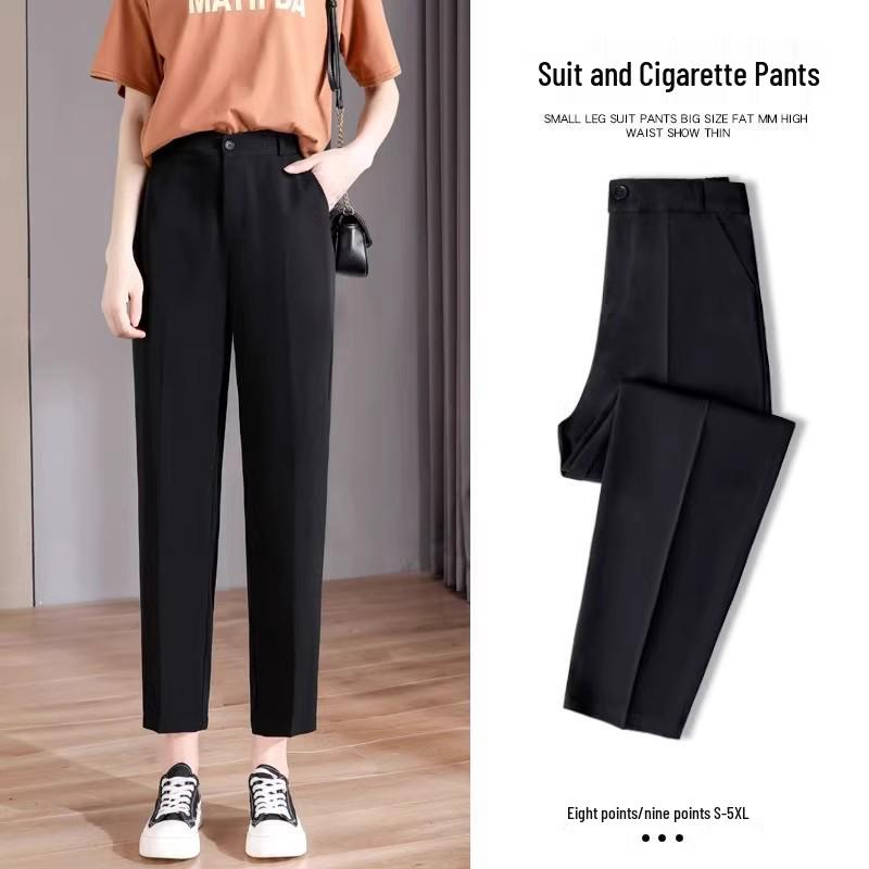 Women's High-Waist Black Cigarette Pants - Slimming, Plus Size, Cropped, Straight Fit for Spring/Autumn
