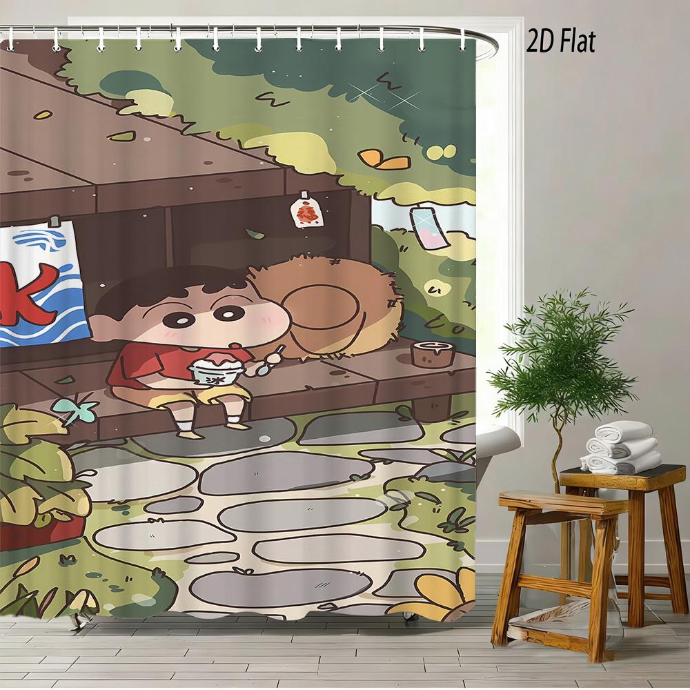 Crayon Shin-Chan & Himawari & Shiro & Leopard & Rooster Jungle Adventure Scene 2D Print Waterproof Shower Curtain, Bright Green