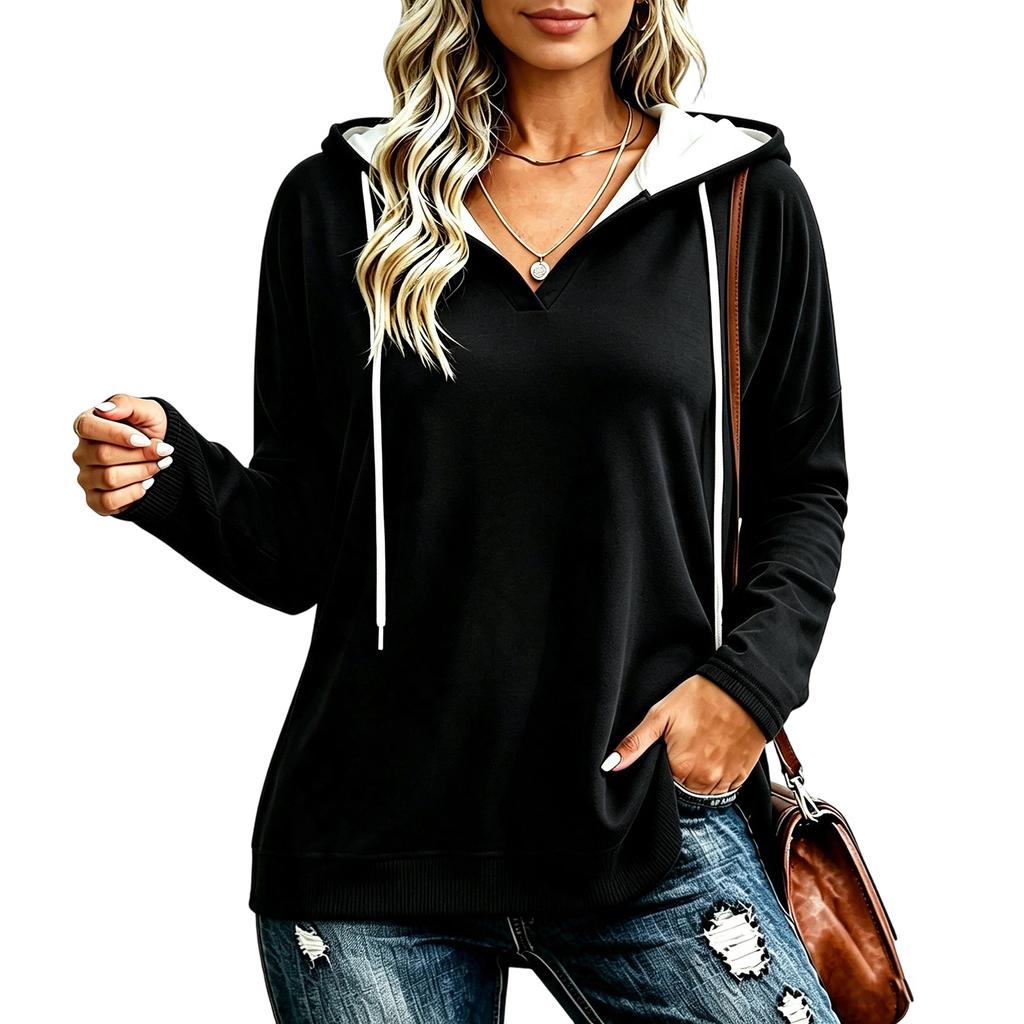 Women's Lightweight V-Neck Long Sleeve Hoodie Casual Pullover