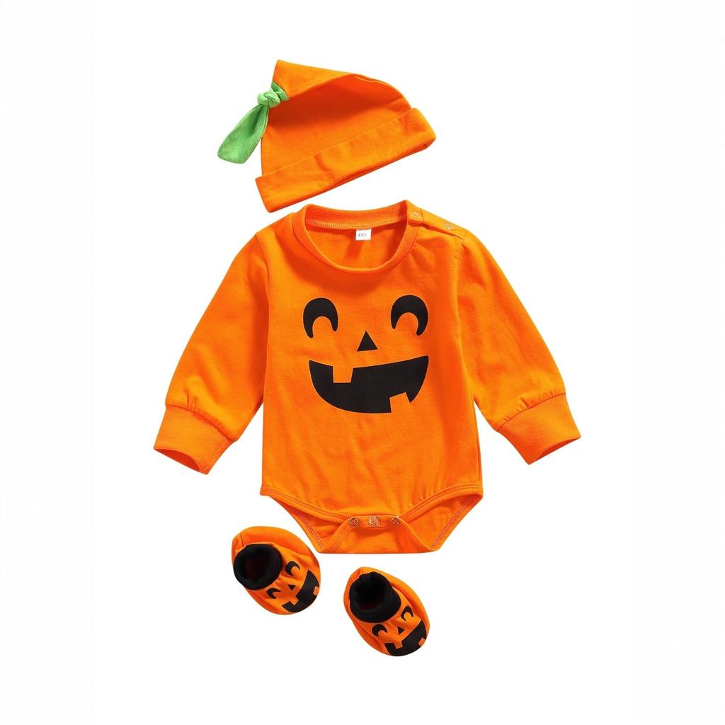 Newborn Boy Pumpkin Bodysuit + Hat + Socks Children's Halloween Costume Set