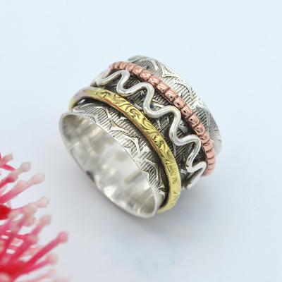 Meditation Three Tone Spinner Band Ring 925 Sterling Silver Handmade Jewelry Statement Ring