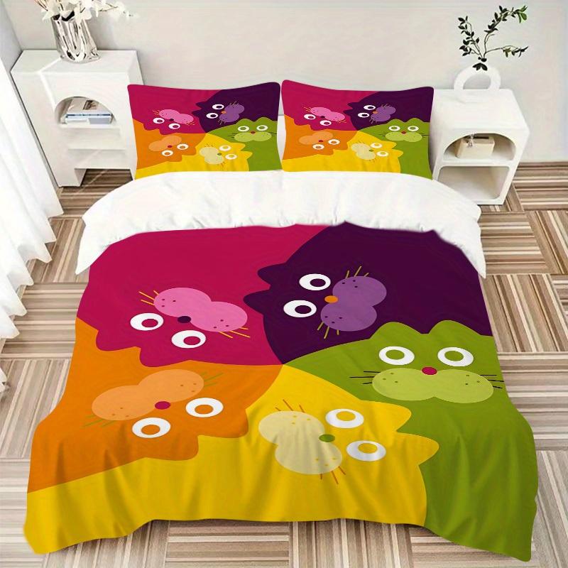 3pcs Colorful Cats Bedding Set, Ideal for Home Use, Suitable for Bedroom Decor (1*Duvet Cover + 1/2*Pillowcases, No Core) yy250821191