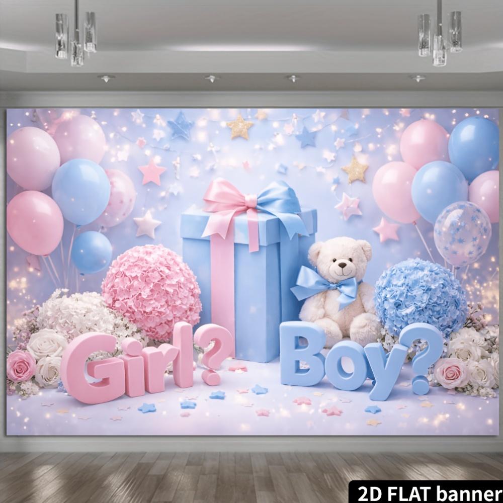 2D plane gender reveal theme party banner background. Light blue and fresh color scheme, featuring balloons and teddy be