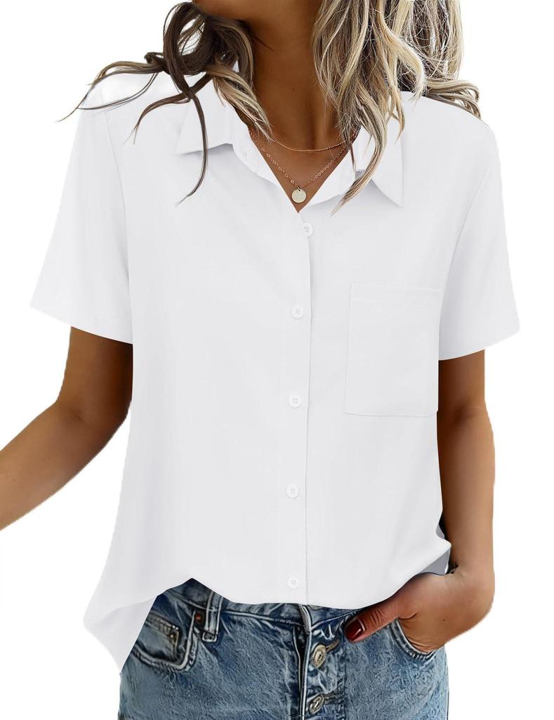Chemise Boutonnée Manches Courtes Couleur Unie pour Femme - Haut Business Casual/Formel pour le Travail, Collection Printemps/Été 2026