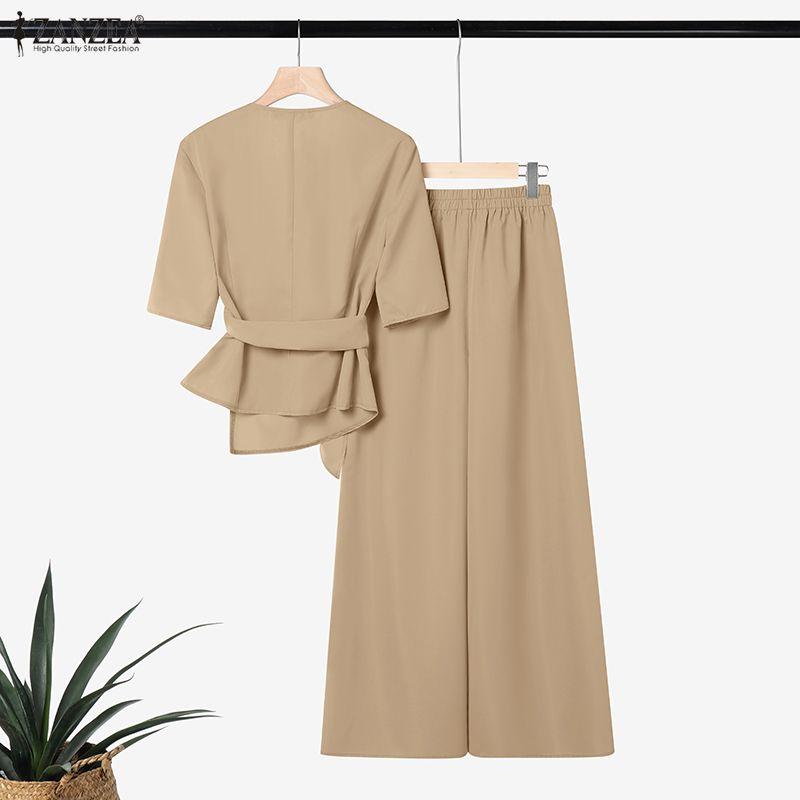 ZANZEA Womens Casual V-Neck Half Sleeve Wrap Tie Top and Loose Pants Two Piece Suit Sets