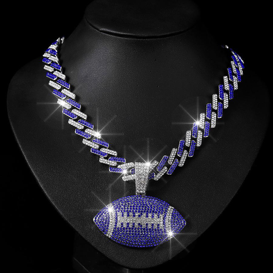 

Hip Hop Color Diamond Rugby Pendant Cuban Chain Necklace for Men and Women