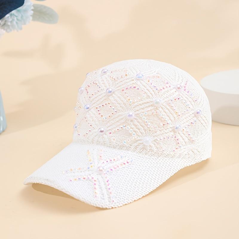 1pc of Four-Leaf Flower Pearl Hat for Women, Stylish And Versatile with Pearl And Rhinestone Mesh, Adjustable Summer Baseball Cap