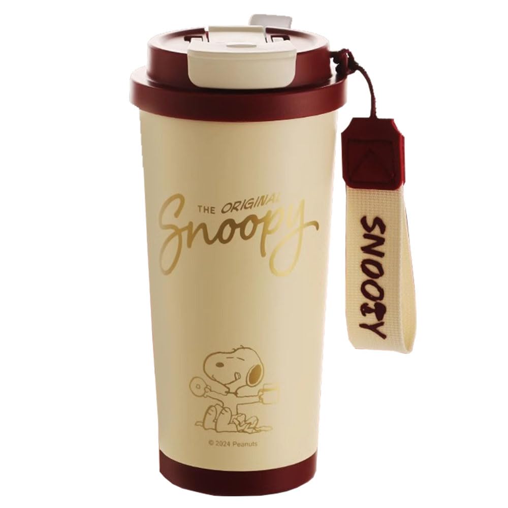 Snoopy Coffee Vacuum Insulated Stainless Steel Water Keeps Hot or Sports Direct with Lid Cup, Bottle, Cold, 530ml, Bottle, Drinking, (Red)