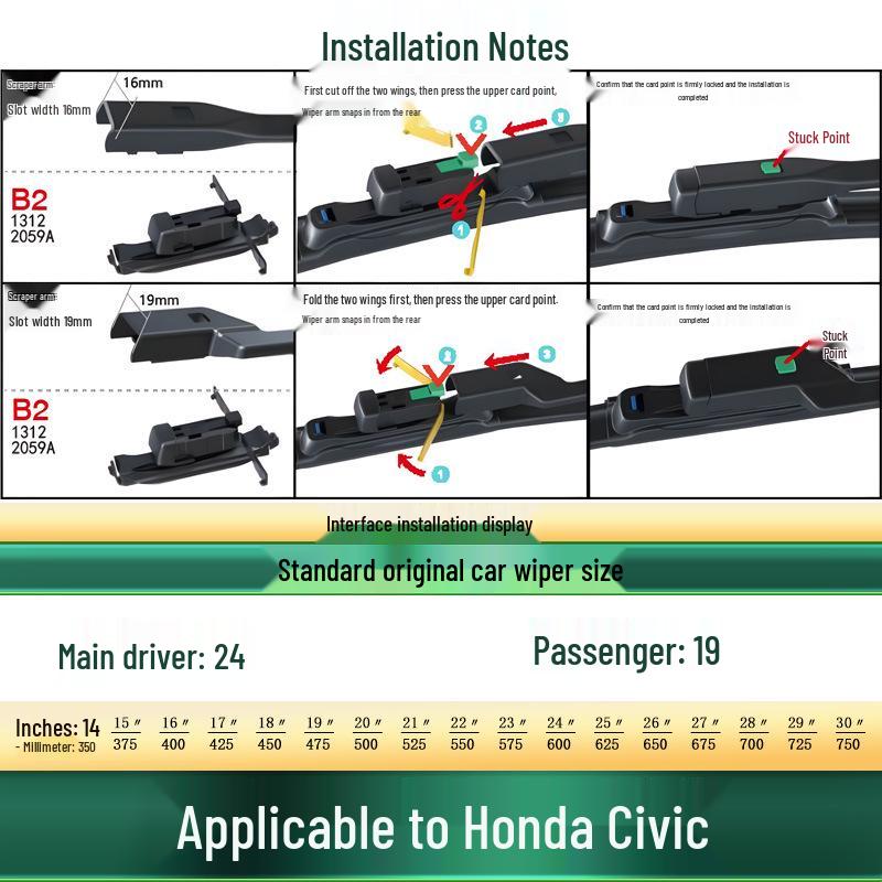 Compatible Wiperless Silent Rubber Strip for Honda Civic 8th-11th Gen Front Wiper Blade