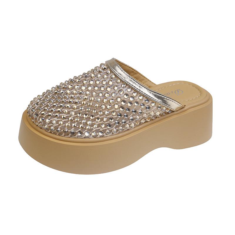 

Rhinestone thick-soled bag head slippers women s summer wear half slippers 2025 new colored diamond flat-bottomed popular sandals 40