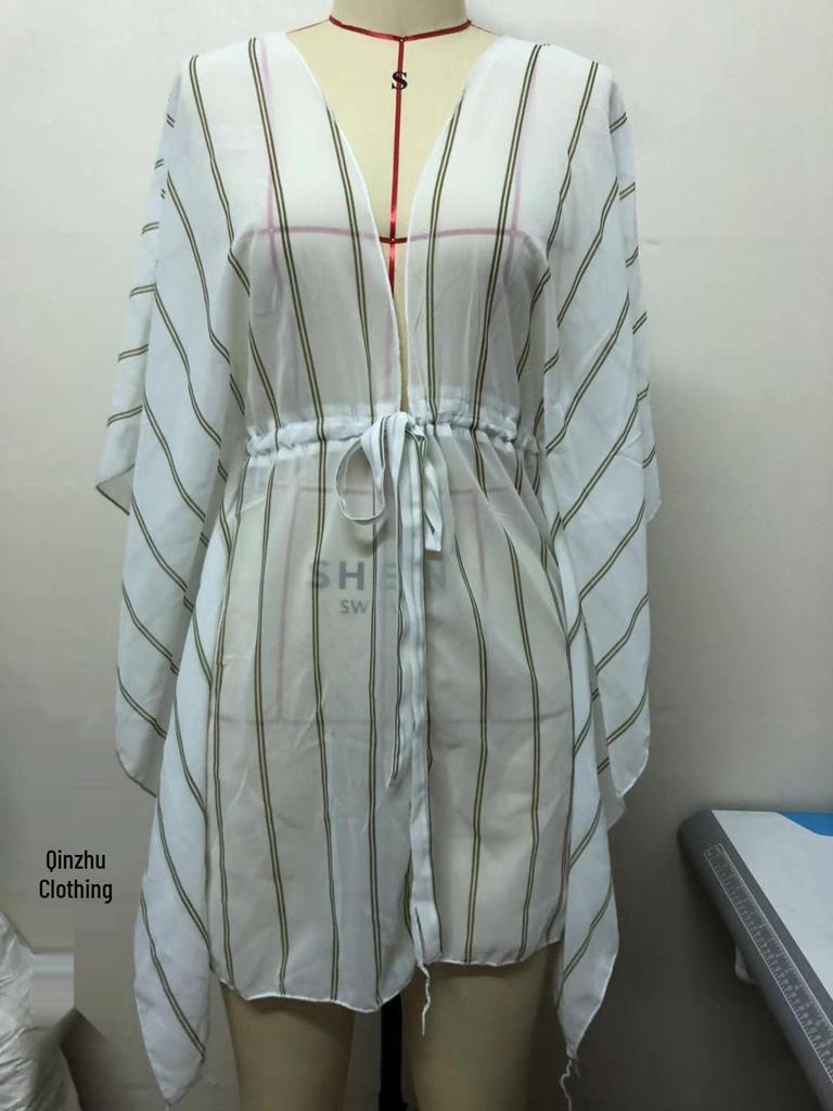 Bestseller Strand-Überwurf mit Streifen: Lockerer Bikini-Cardigan zum Binden mit Sonnenschutz